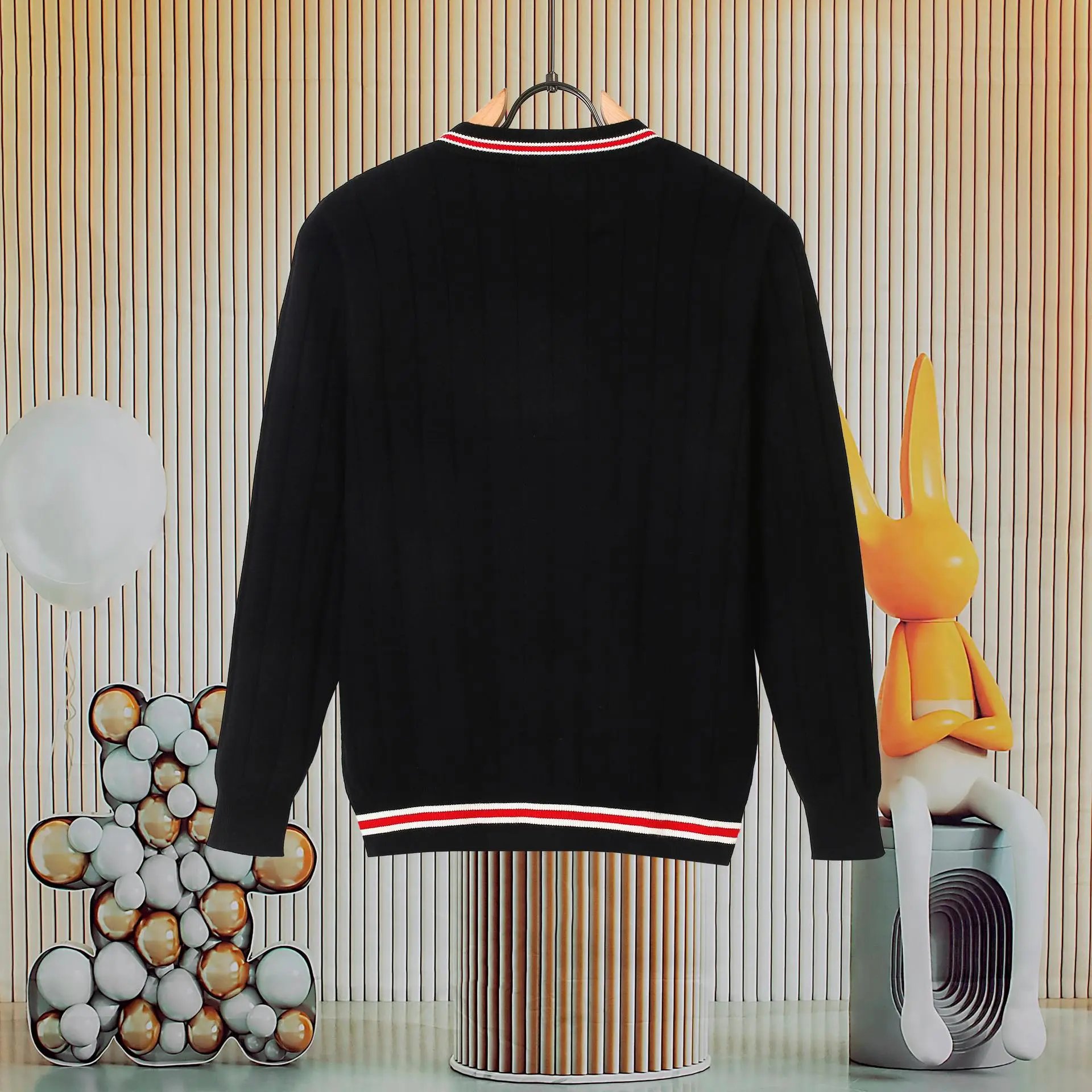Off-White V-Neck Ribbed Sweater Black with Red and White Trim - 25