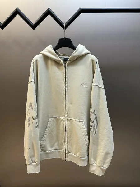 Design Distressed Graphic Zip-Up Hoodie Beige - 3