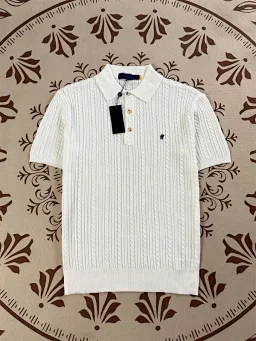 thumbnail for Pony Embroidered Lapel Thin Cable Knit Top for Men, Summer Couple Short-Sleeve Button Breathable T-Shirt for Women
