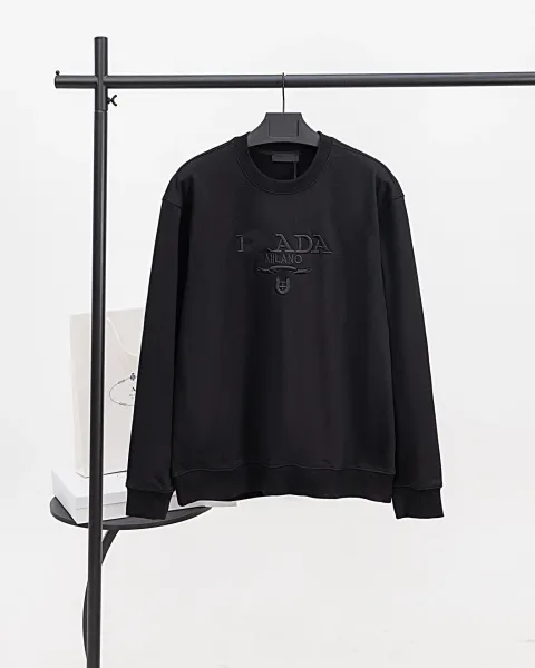 Prada Logo-Embroidered Black Cotton Sweatshirt Hoodie - 1