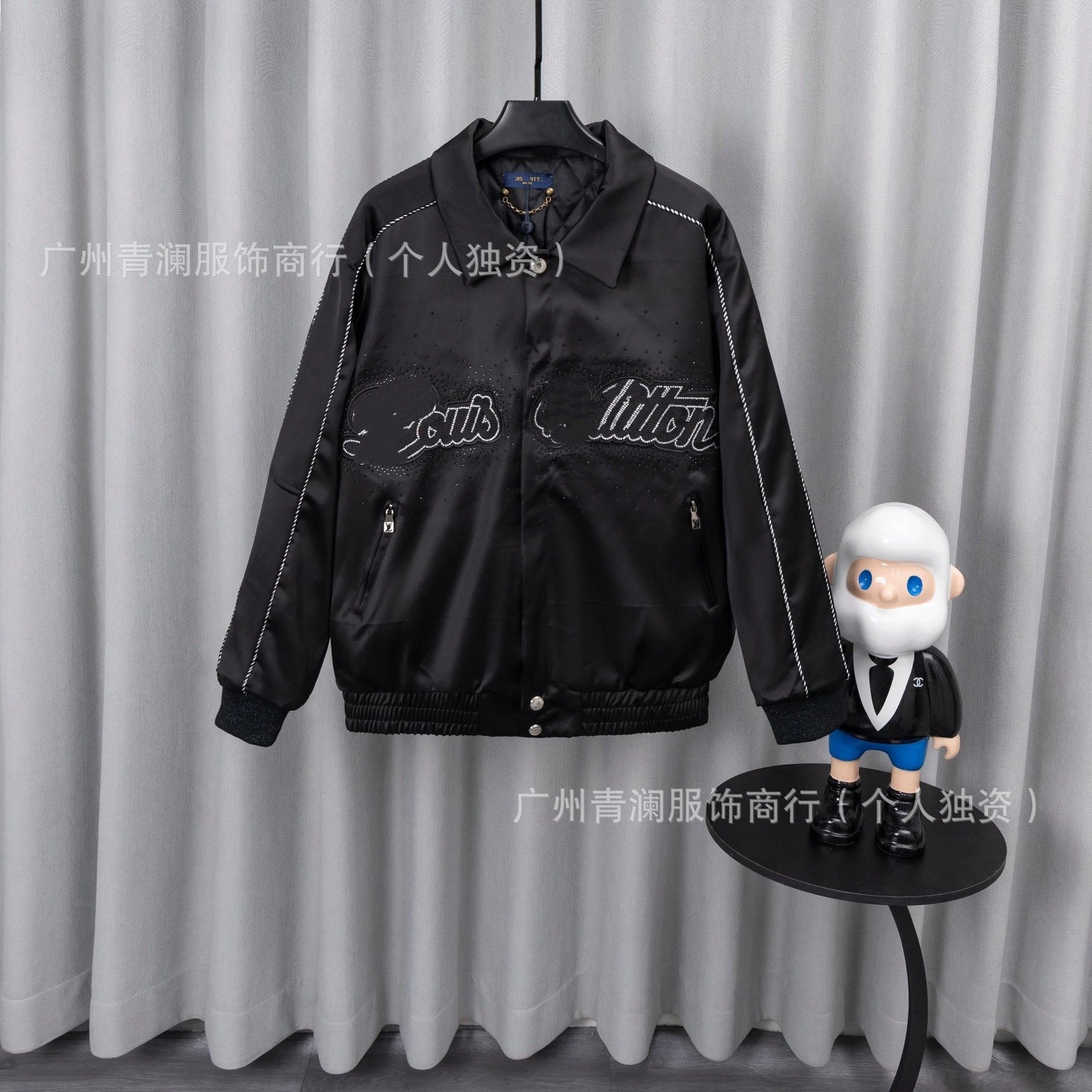 Design Satin Bomber Jacket with Embroidered Graphic Black Outerwear - 21