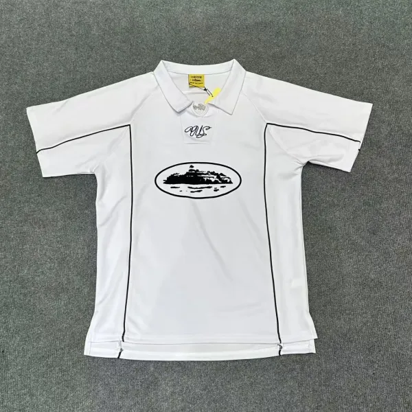 Corteiz Polo Shirt White with Black Trim and Island Graphic - 1