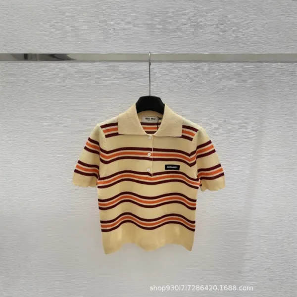 Miu Miu Striped Knit Polo Beige Multicolor Polo Shirt - 1