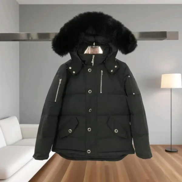 Design Parka with Detachable Fur Hood Black Down Jacket - 1