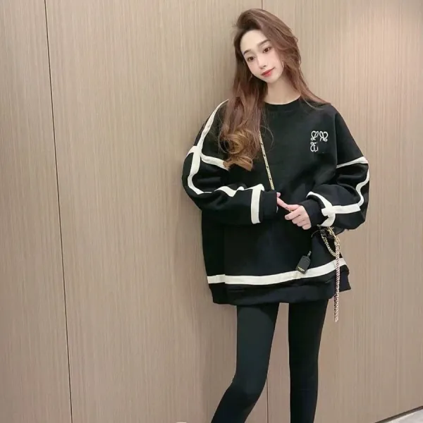 Design Embroidered Stripe Sweatshirt Black / White Sweater - 3
