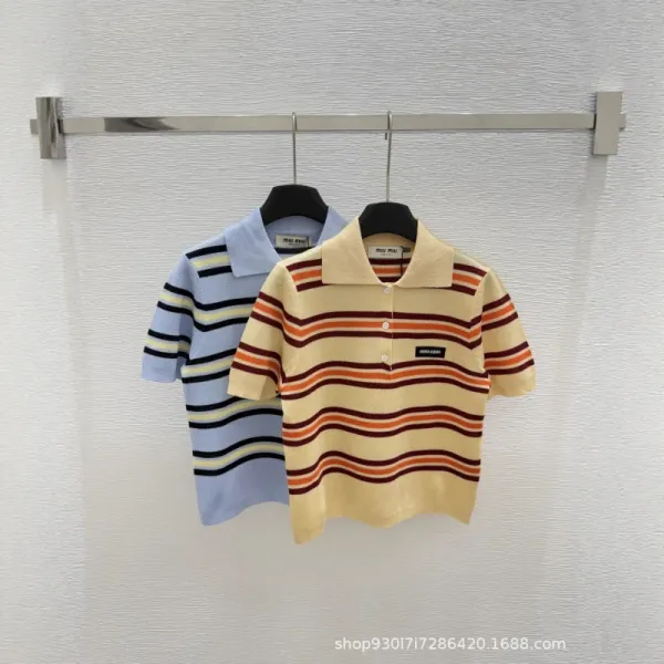 Miu Miu Striped Knit Polo Shirt in Beige and Blue - 1