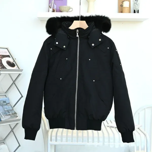 Design Black Fur-Trimmed Hooded Bomber Jacket Outerwear Jacket - 1