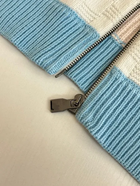Saint Laurent Color-Block Knit Zip-Up Sweater in Blue, Black, and Beige - 8