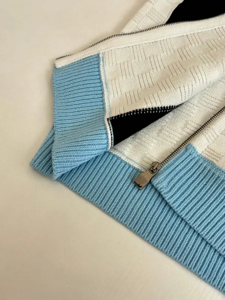 Saint Laurent Color-Block Knit Zip-Up Sweater in Blue, Black, and Beige - 9