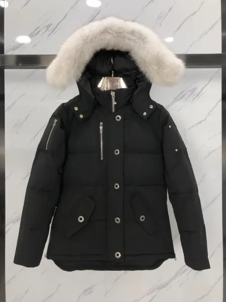 Design Parka with Detachable Fur Hood Black Down Jacket - 3