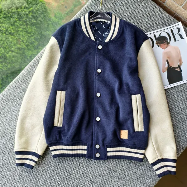 Design Varsity Jacket Navy and Beige Wool-Blend Outerwear - 1