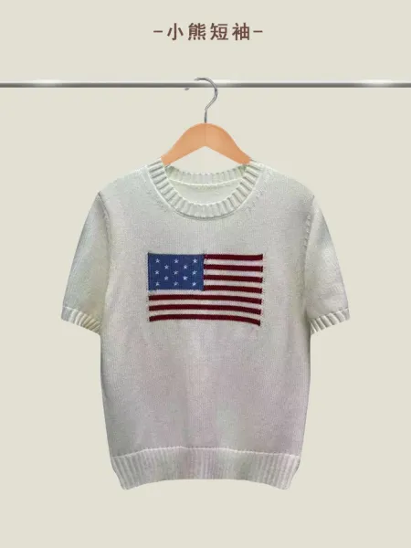 Design Knit Short-Sleeve Sweater with American Flag Motif White - 1
