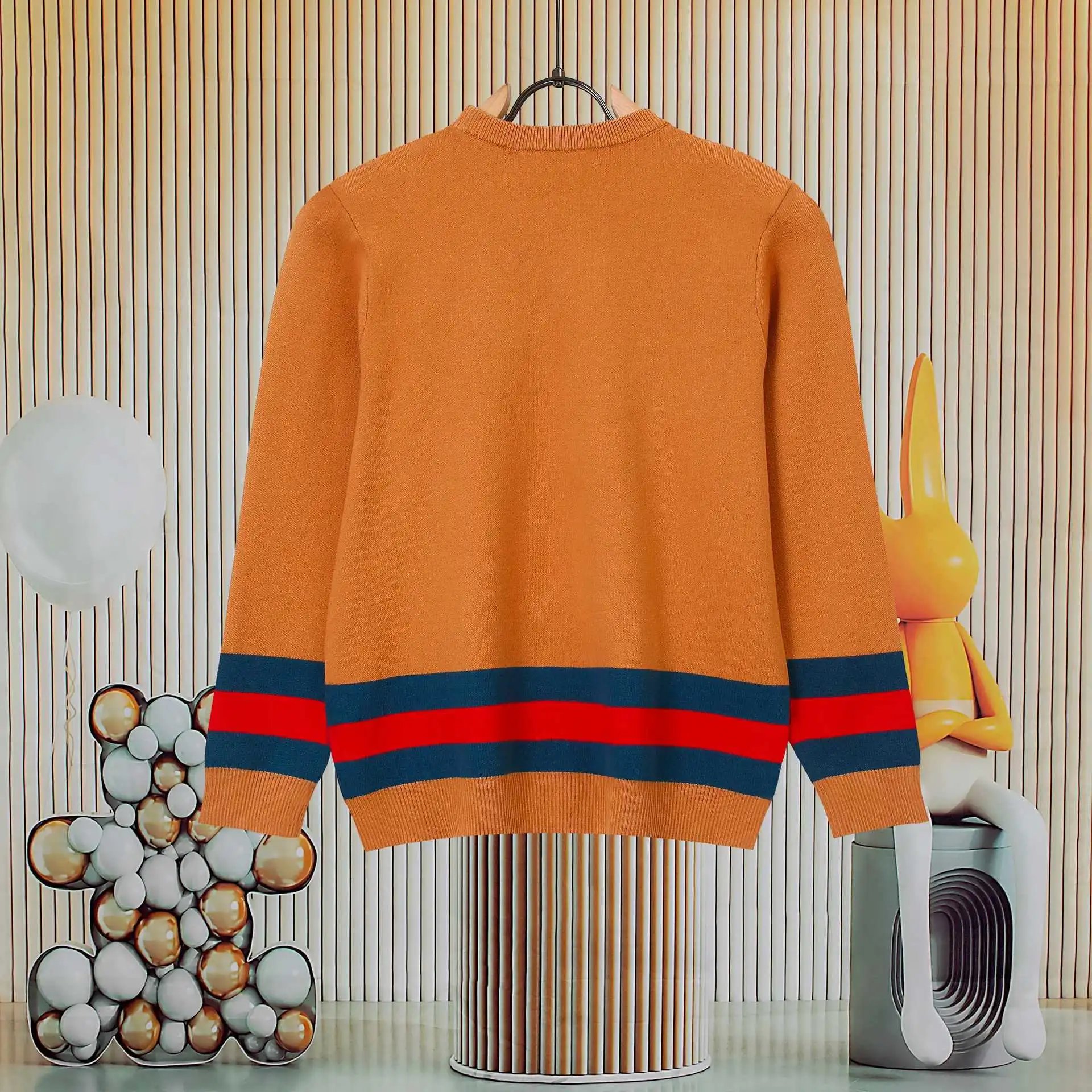 Off-White V-Neck Ribbed Sweater Black with Red and White Trim - 6