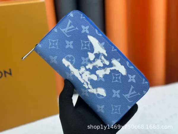 Louis Vuitton Monogram Blue Zip Around Wallet with White Graphic Print Long Wallet - 1