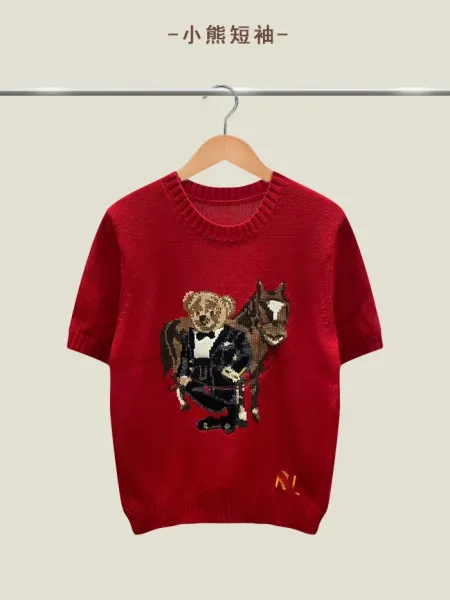Polo Ralph Lauren Bear Riding Horse Knit Short-Sleeve Sweater Red - 1