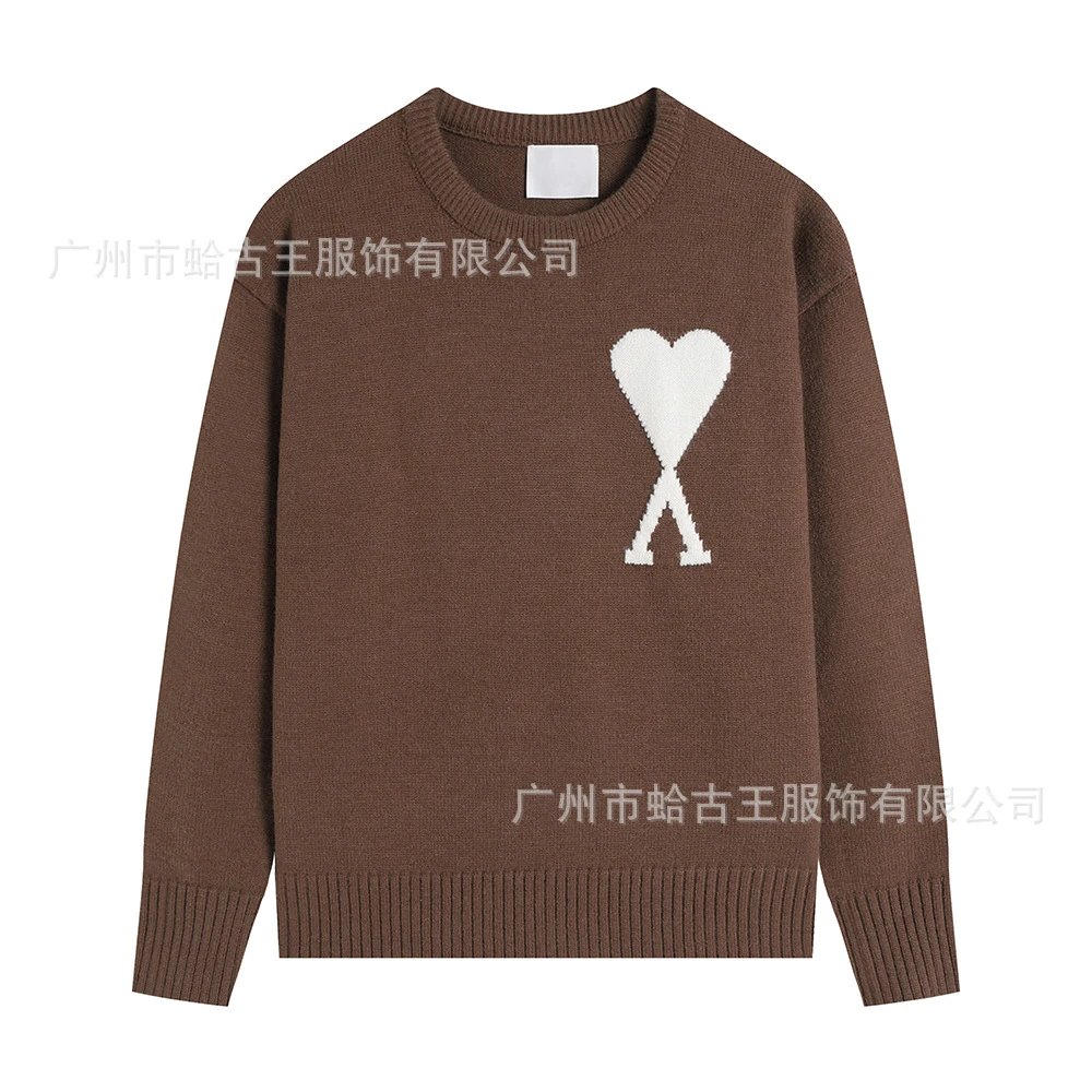Ami Paris Heart Logo Brown Knit Sweater - 1