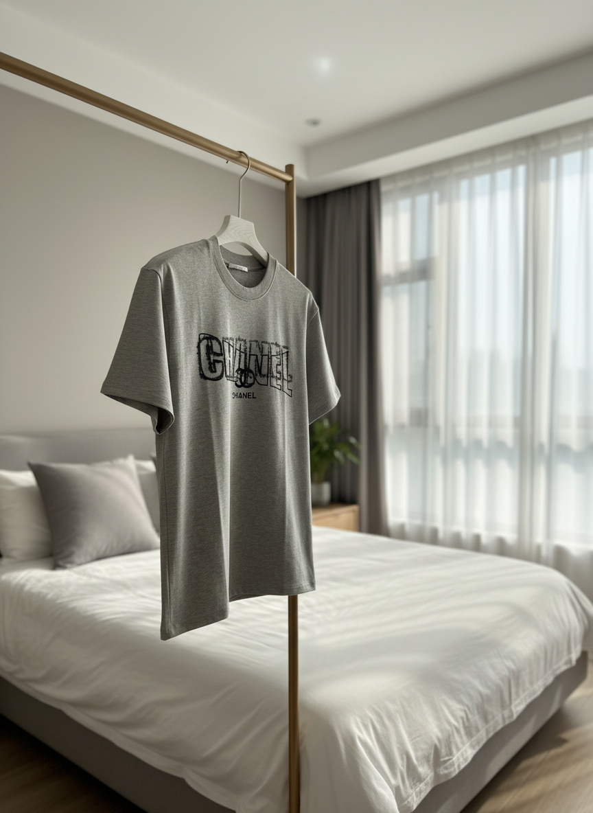 CHANEL Grey Cotton Logo Embroidered Casual T-Shirt