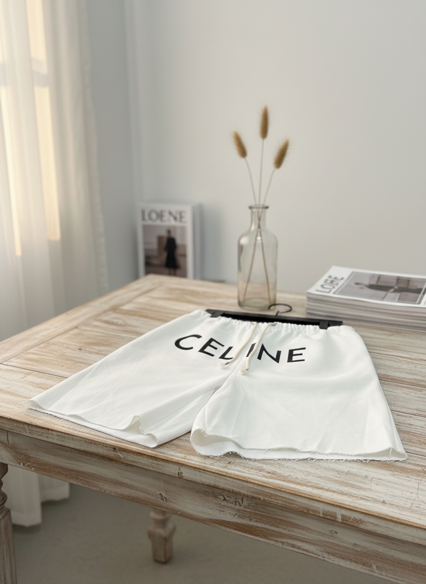 CELINE Men White Cotton Logo Shorts Summer Casual