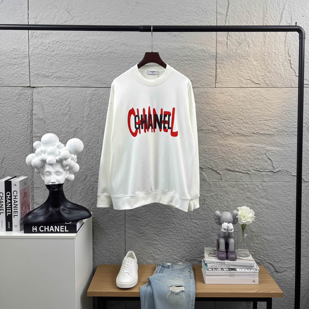 CHANEL Red Logo Unisex Cotton Hoodie Streetwear