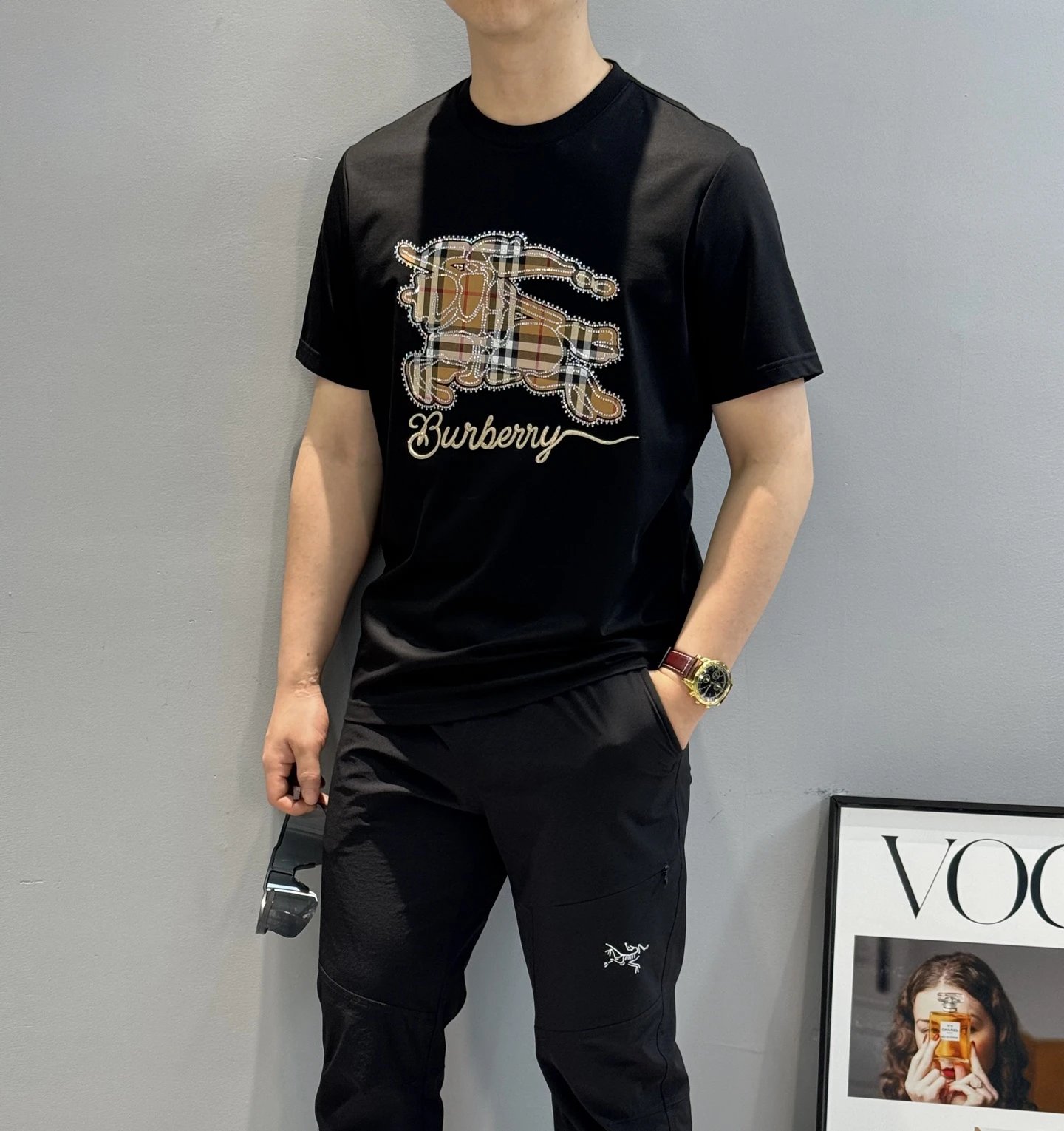 Burberry Men's Black Checked Logo Cotton T-Shirt