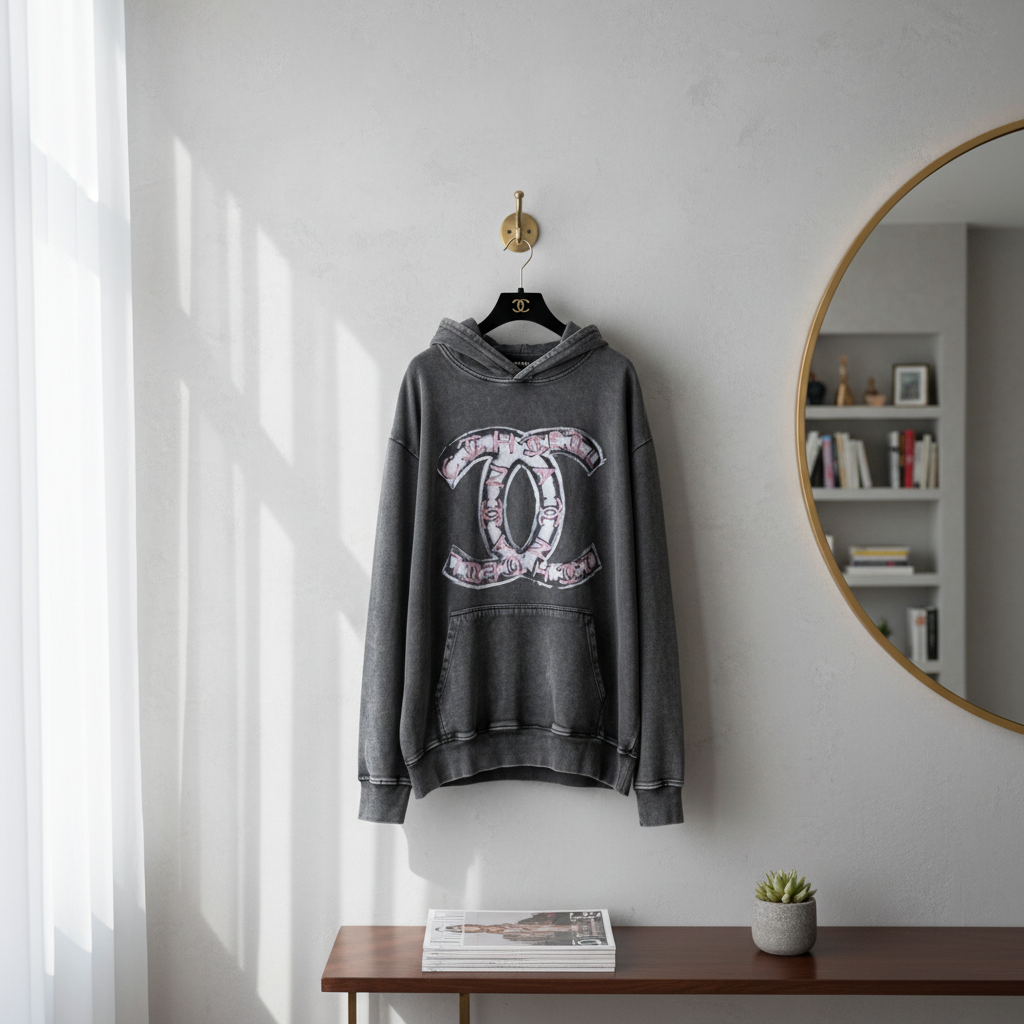 CHANEL Vintage Washed Black Oversized Logo Hoodie