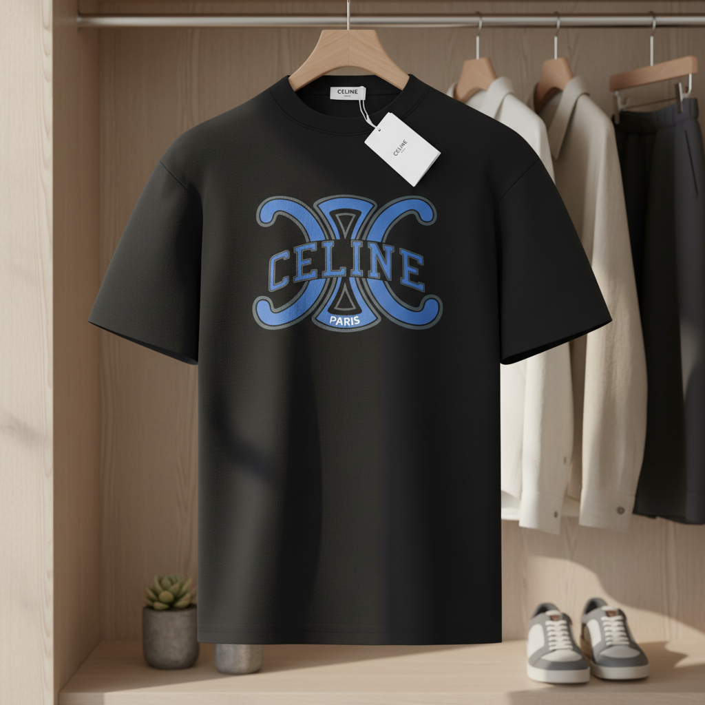 CELINE Paris Black Unisex Logo Cotton Short Sleeve T-Shirt