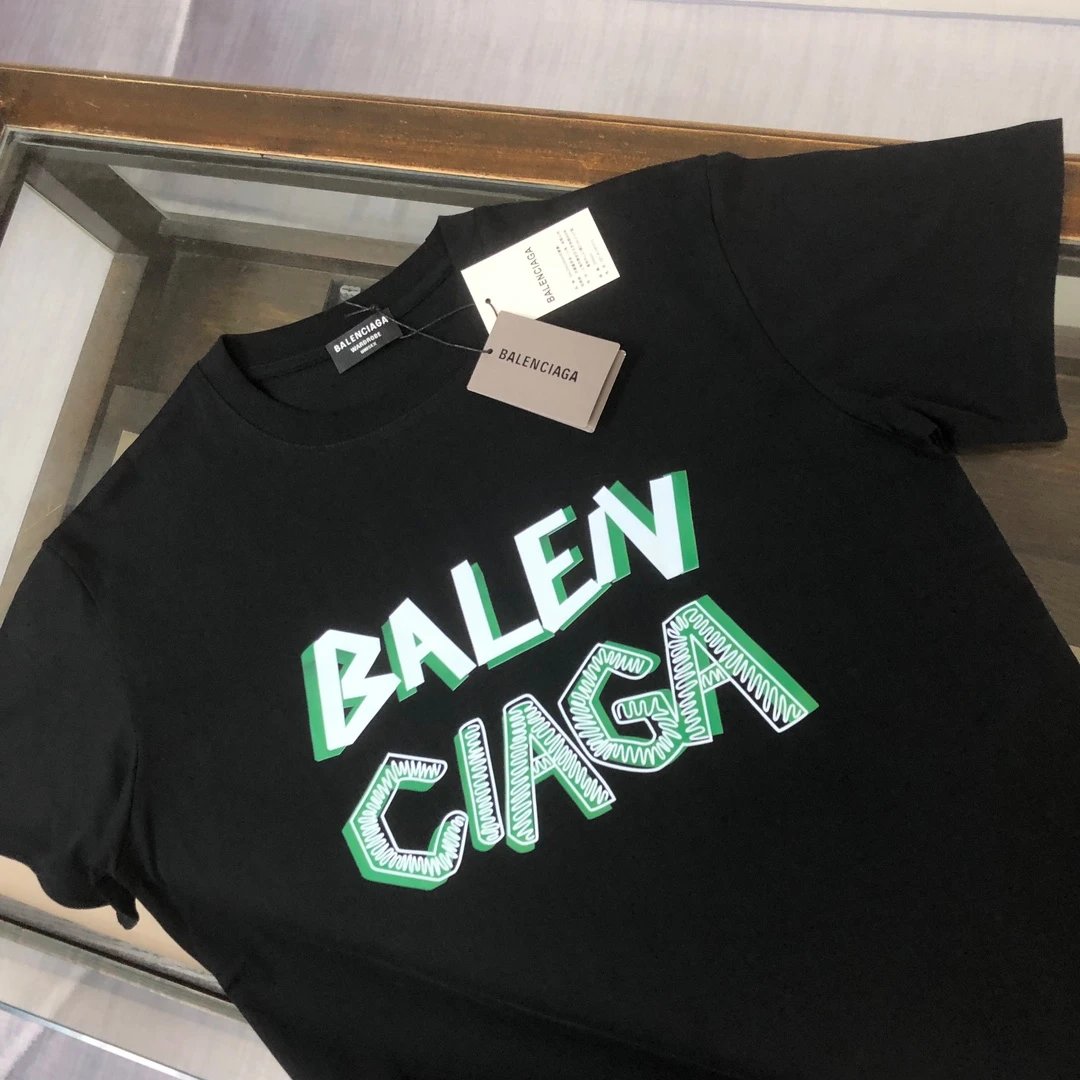 Balenciaga Black Cotton T-Shirt Green Logo