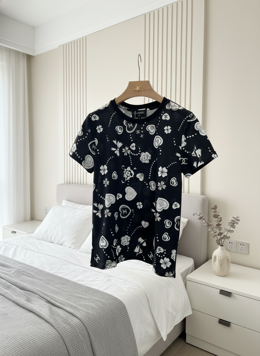 CHANEL Women Black Floral Heart Logo Cotton T-Shirt