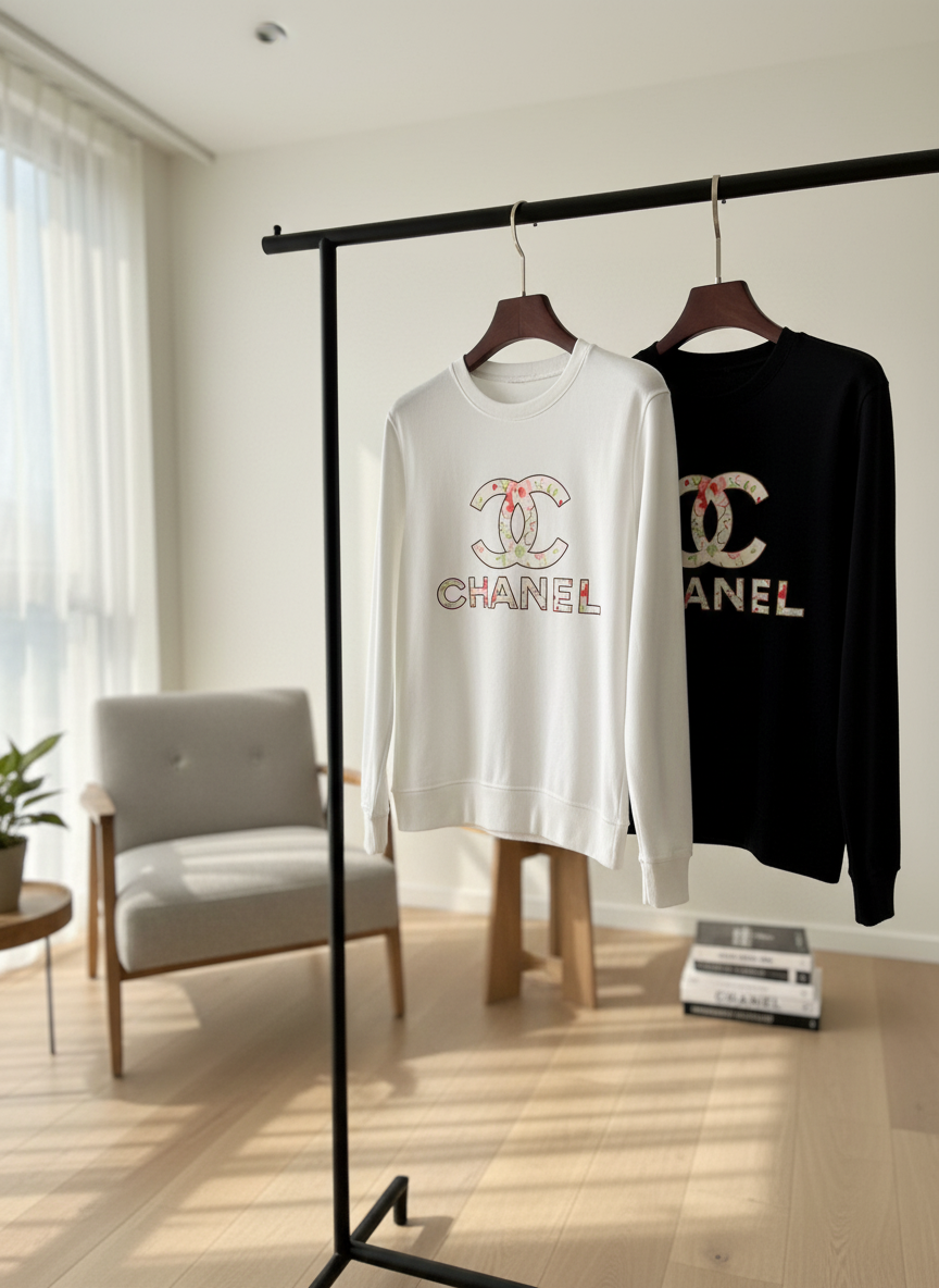 CHANEL Floral Logo Black White Hoodies