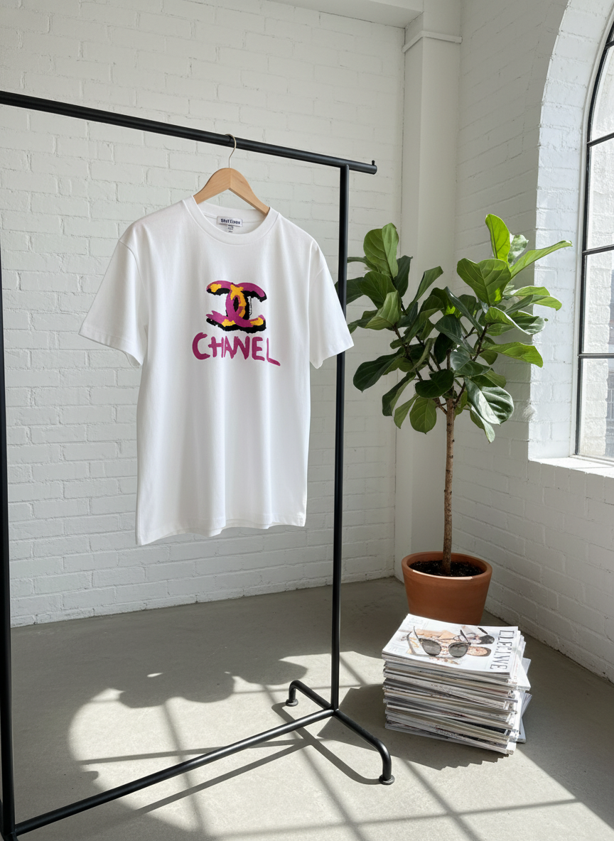 CHANEL White Cotton Logo Print T-Shirt for Men