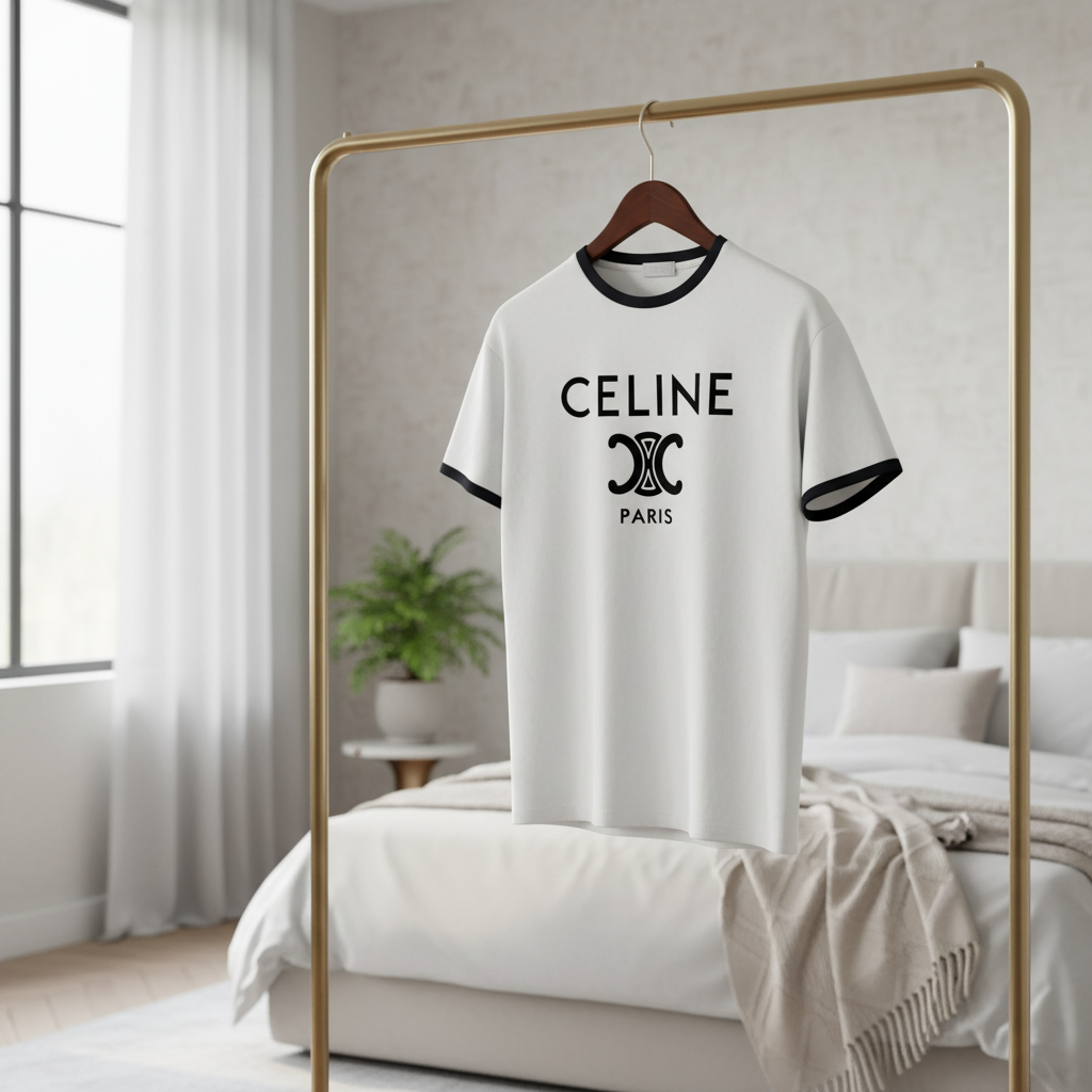 CELINE Paris Unisex Cotton T-Shirt Black Logo Top