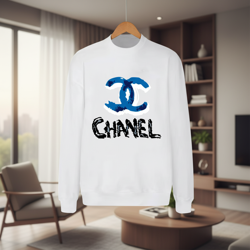 CHANEL White Hoodie Blue Logo Sweatshirt