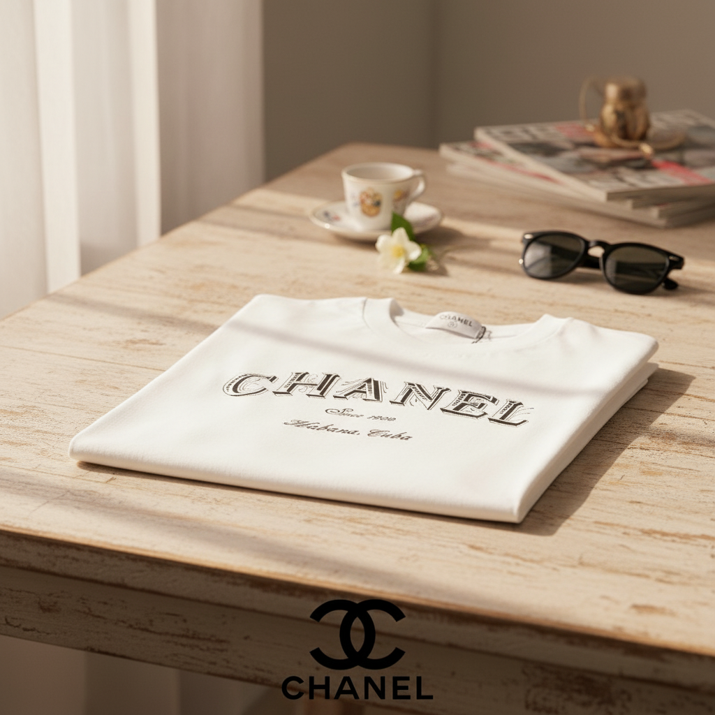 CHANEL White Cotton Logo Print T-Shirt