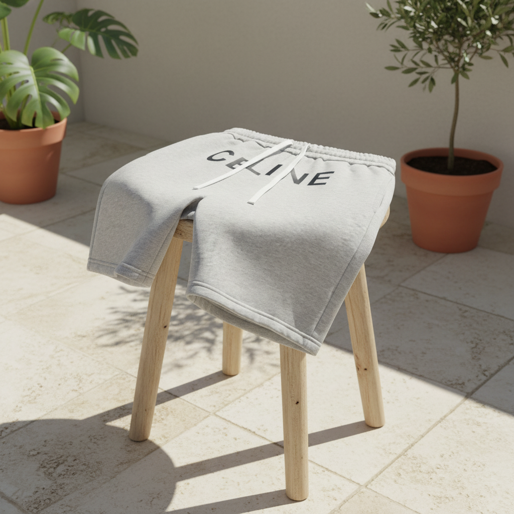 CELINE Men's Grey Logo Cotton Athletic Shorts