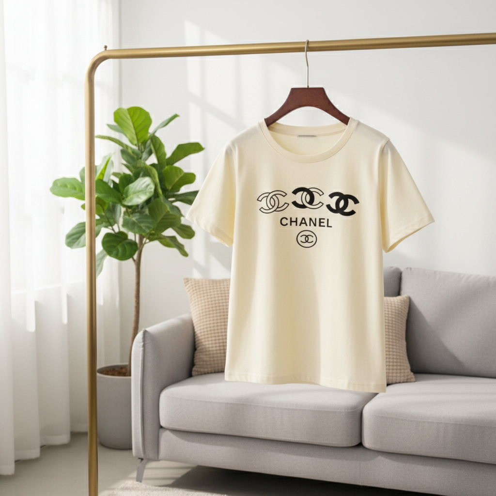 CHANEL Logo Print Cotton Short Sleeve T-Shirt