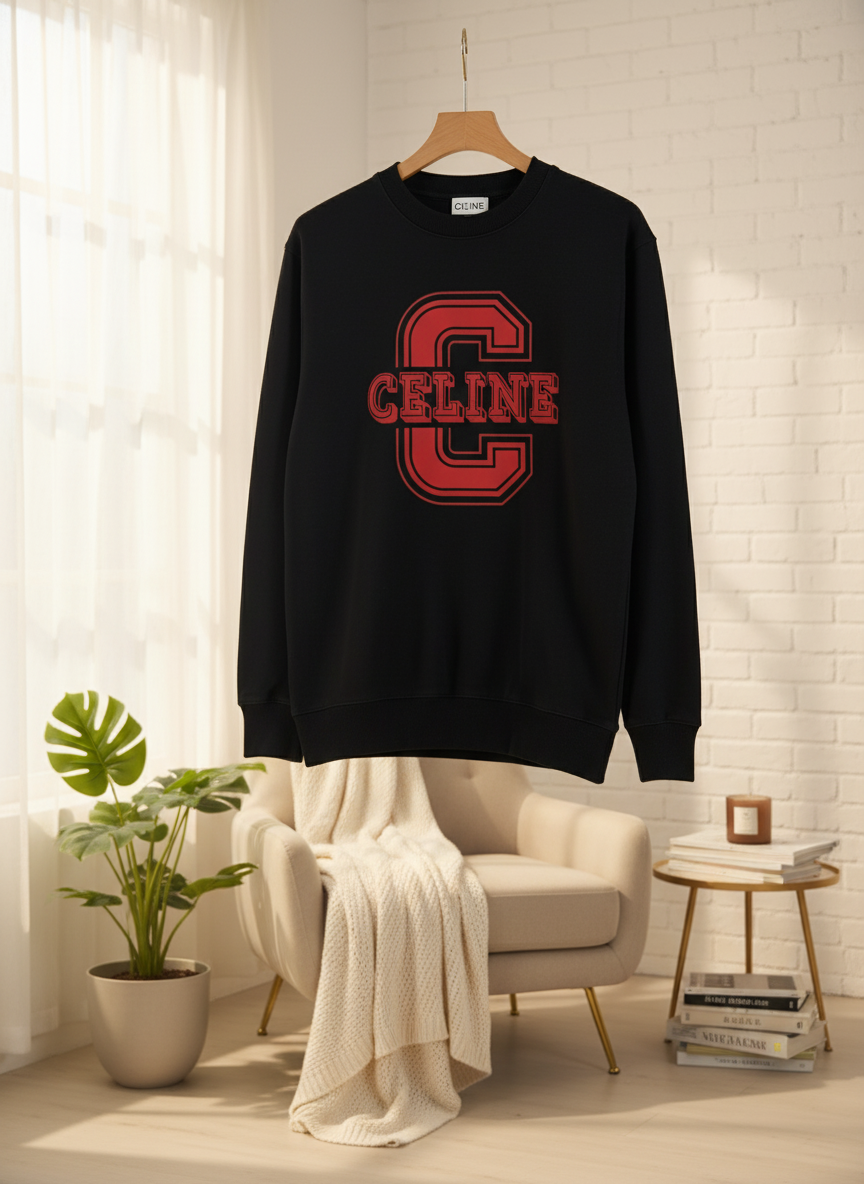 CELINE Black Hoodie Red Logo Sweatshirt