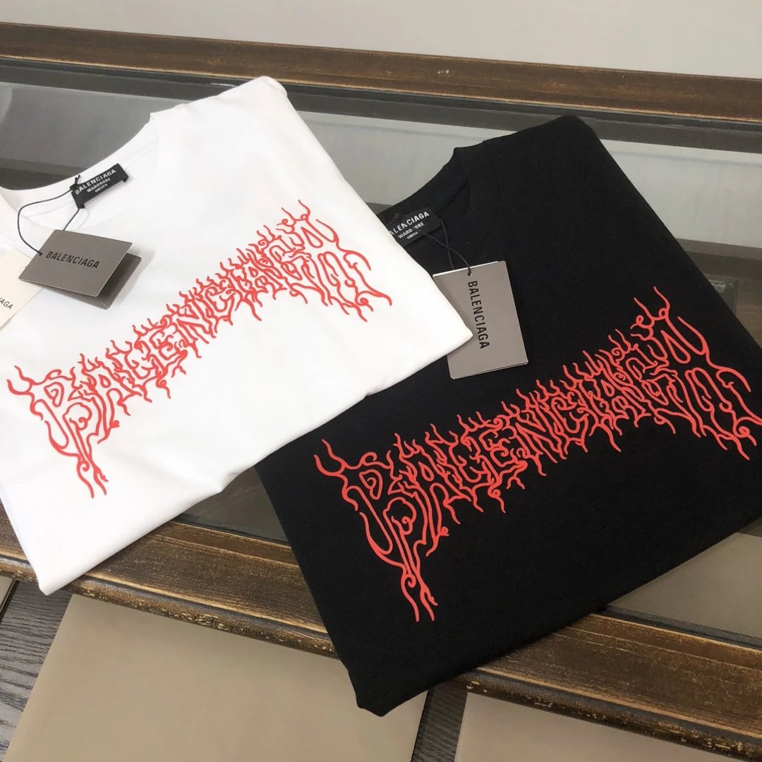 Balenciaga Black Red Flame Logo Cotton T-Shirt