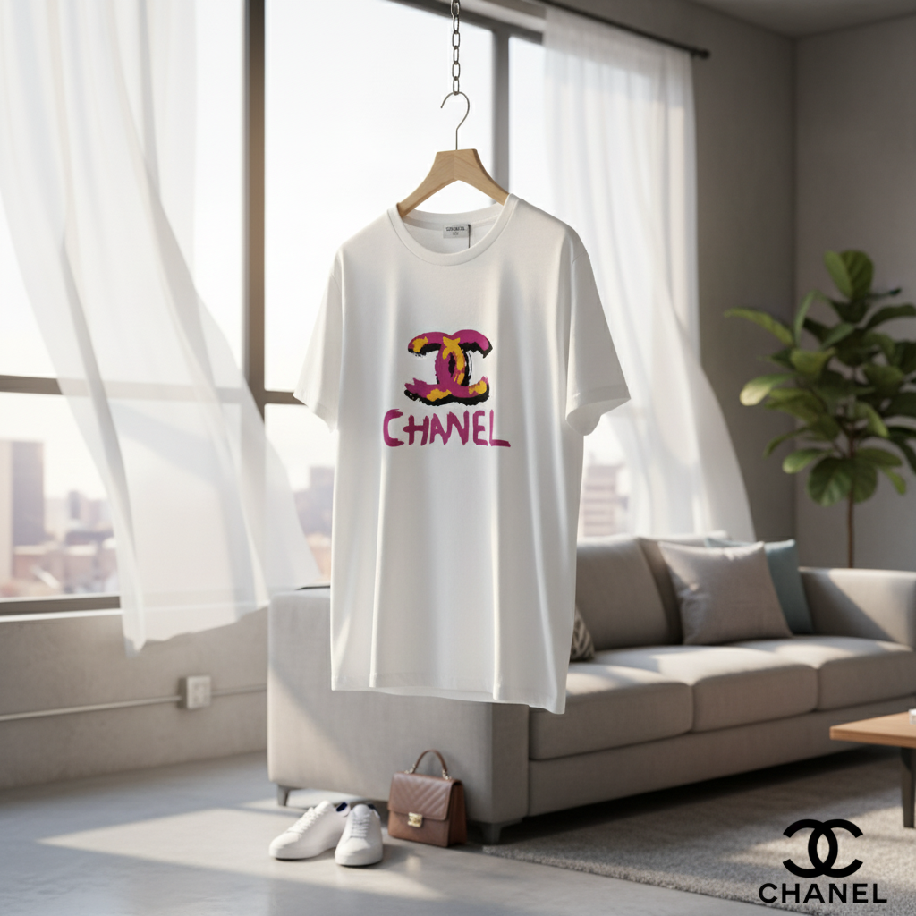 CHANEL Graffiti Logo Cotton Unisex Streetwear T-Shirt
