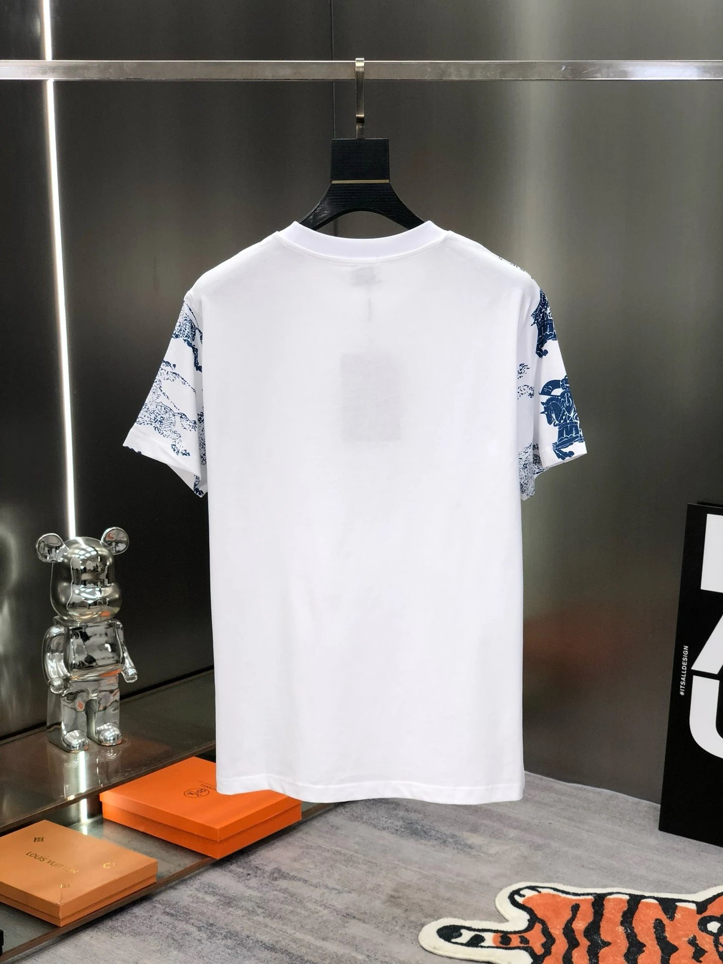 Burberry Blue Knight Print White Cotton T-Shirt