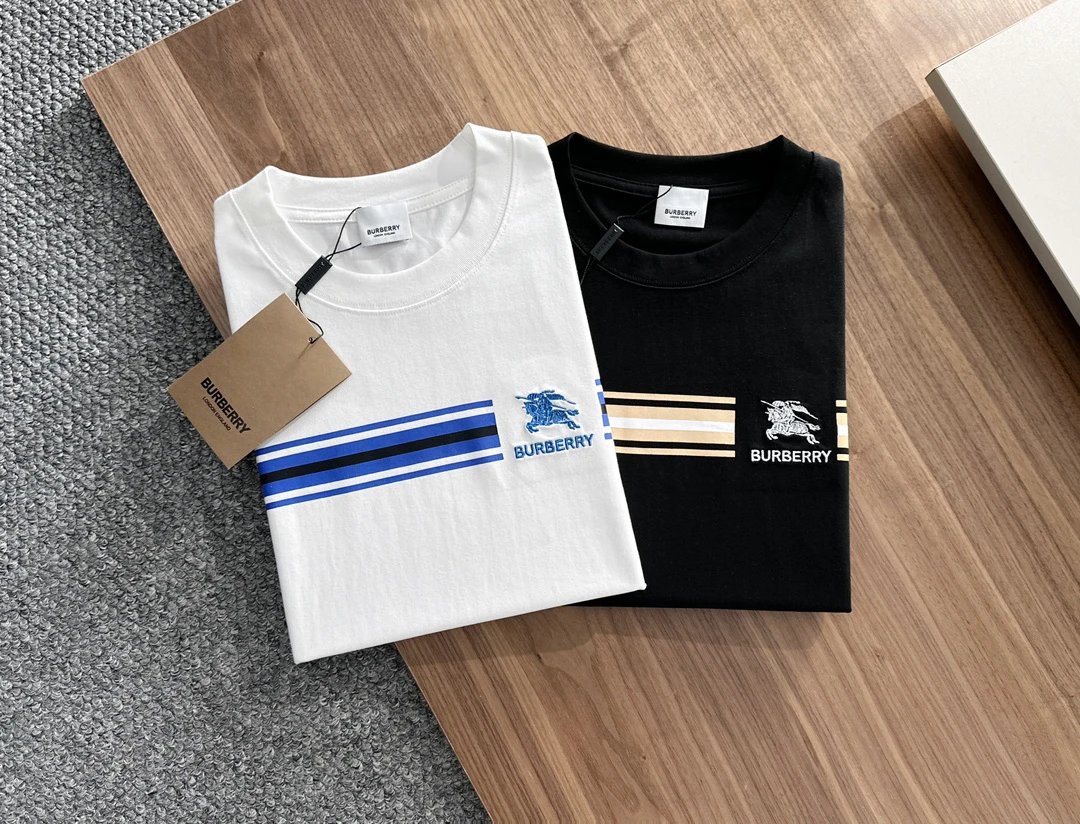 Burberry Men White Cotton T-Shirt Blue Stripe Logo
