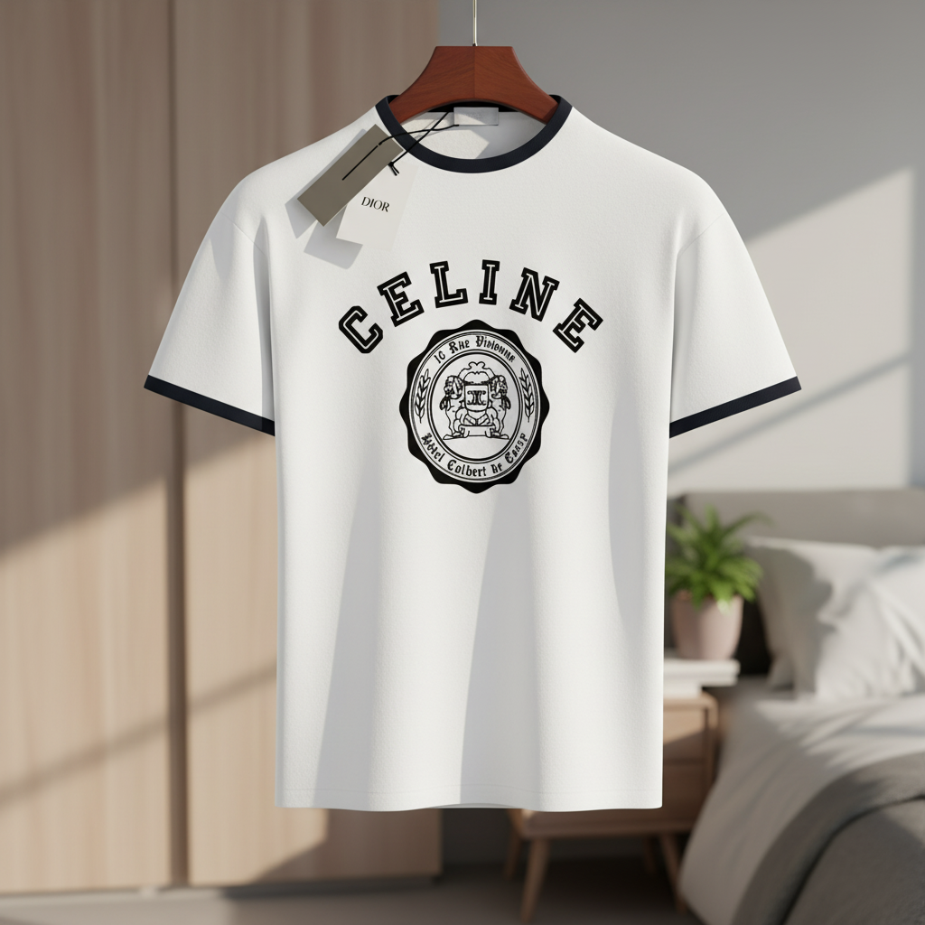 CELINE White Logo T-Shirt Men Black Trim Luxury
