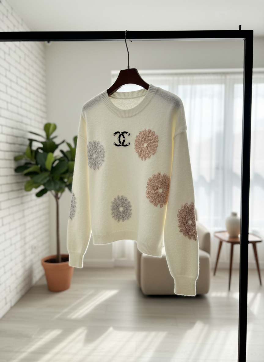 CHANEL Women Wool Hoodie Floral Pattern Pullover Sweater