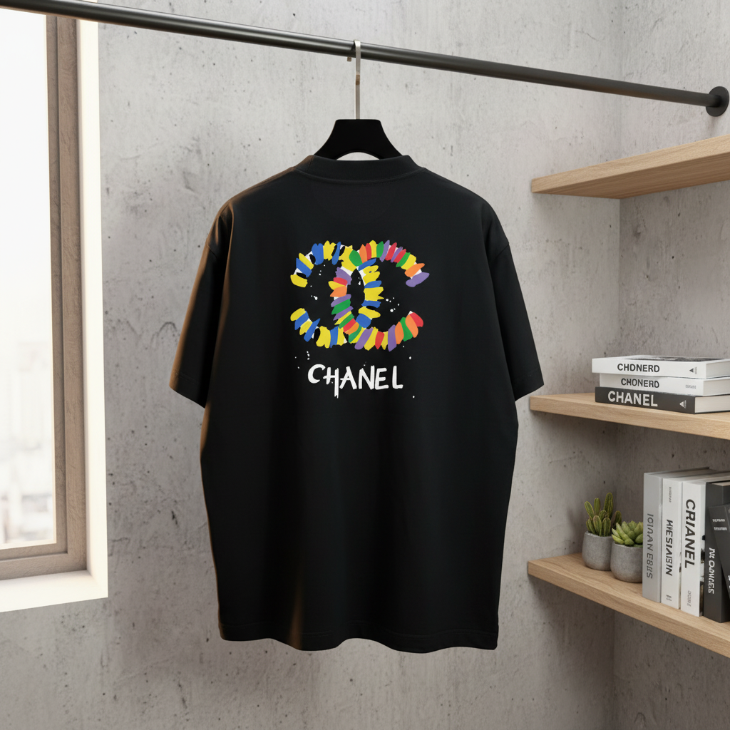 CHANEL Unisex Black Logo Cotton T-Shirt
