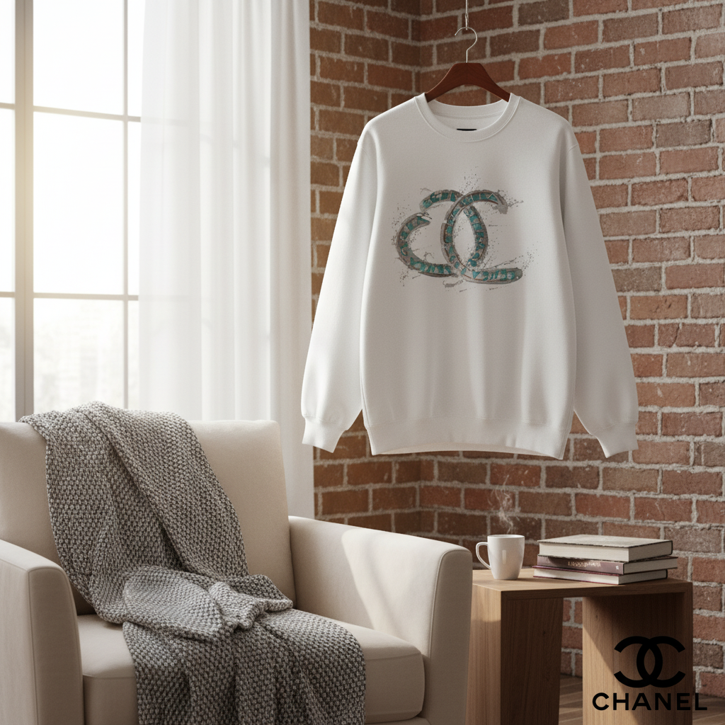 White CHANEL Hoodie Double C Logo Cotton Sweatshirt