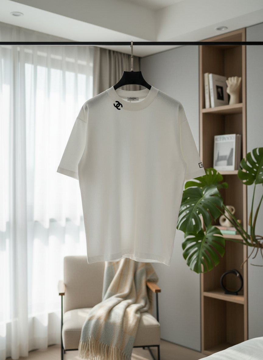 CHANEL White Cotton T-Shirt Minimalist Logo Top