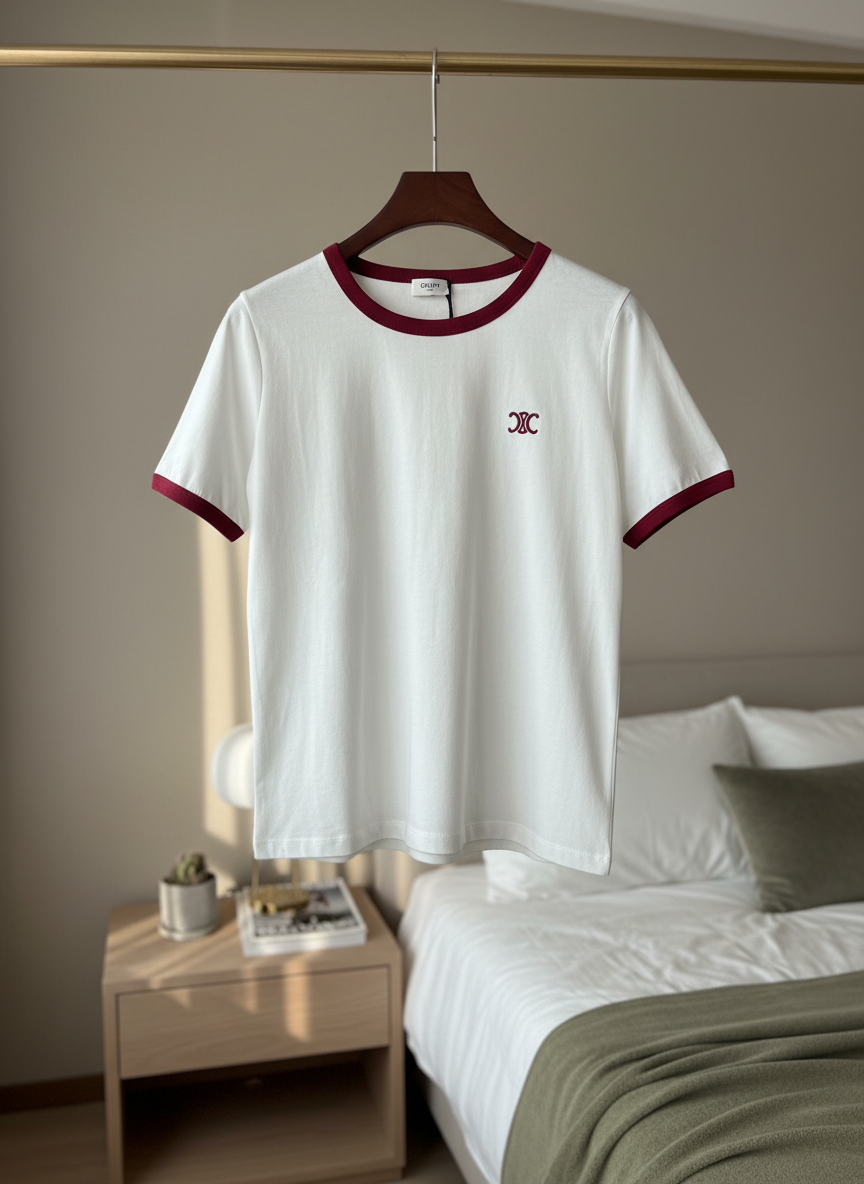 CELINE Women White Cotton T-Shirt Burgundy Logo Trim