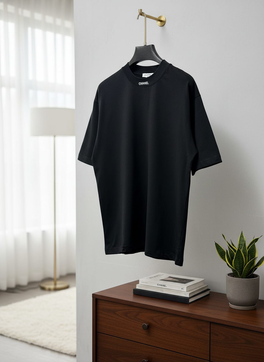 CHANEL Black Cotton Logo Collar Minimalist T-Shirt