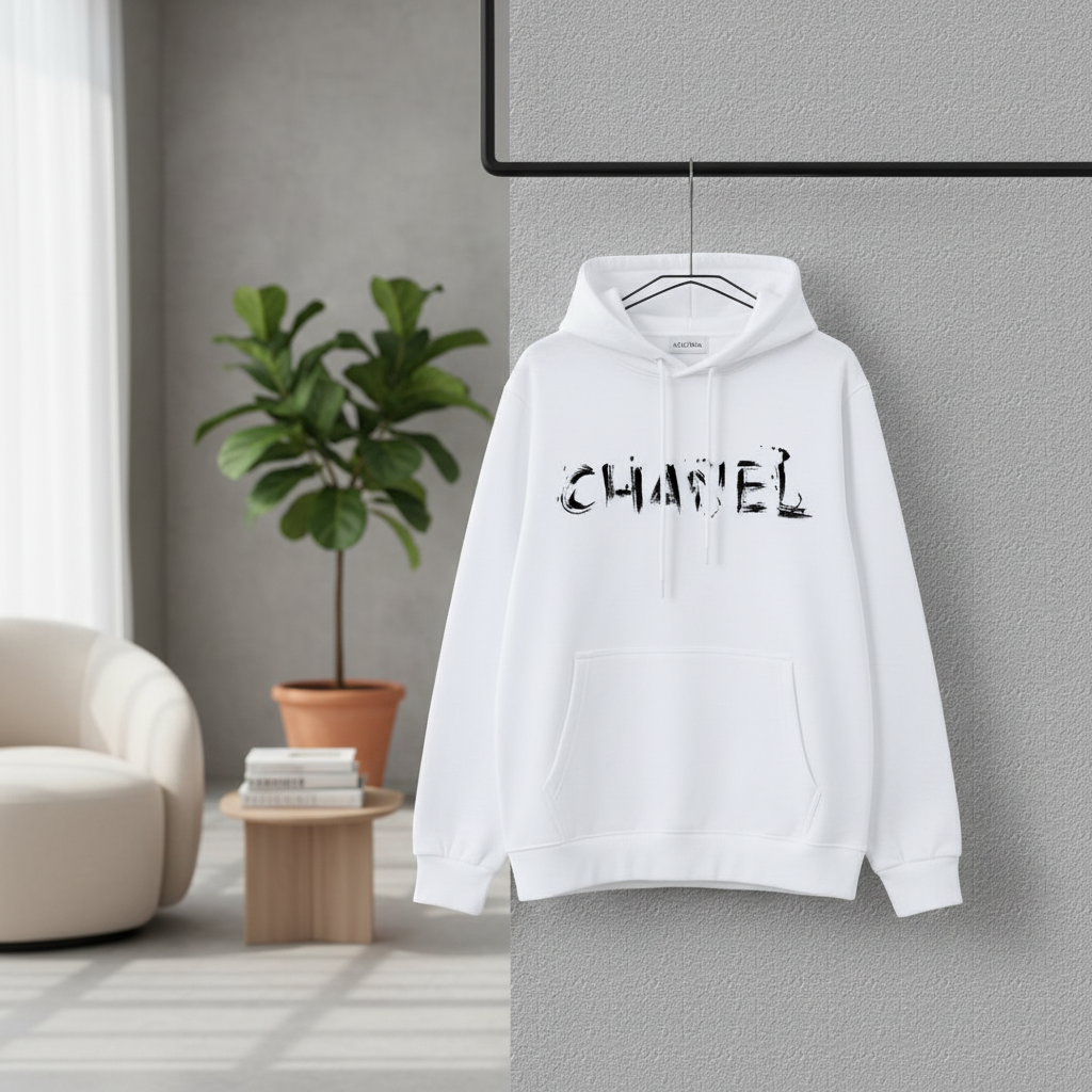 CHANEL White Logo Cotton Hoodie for Street Style