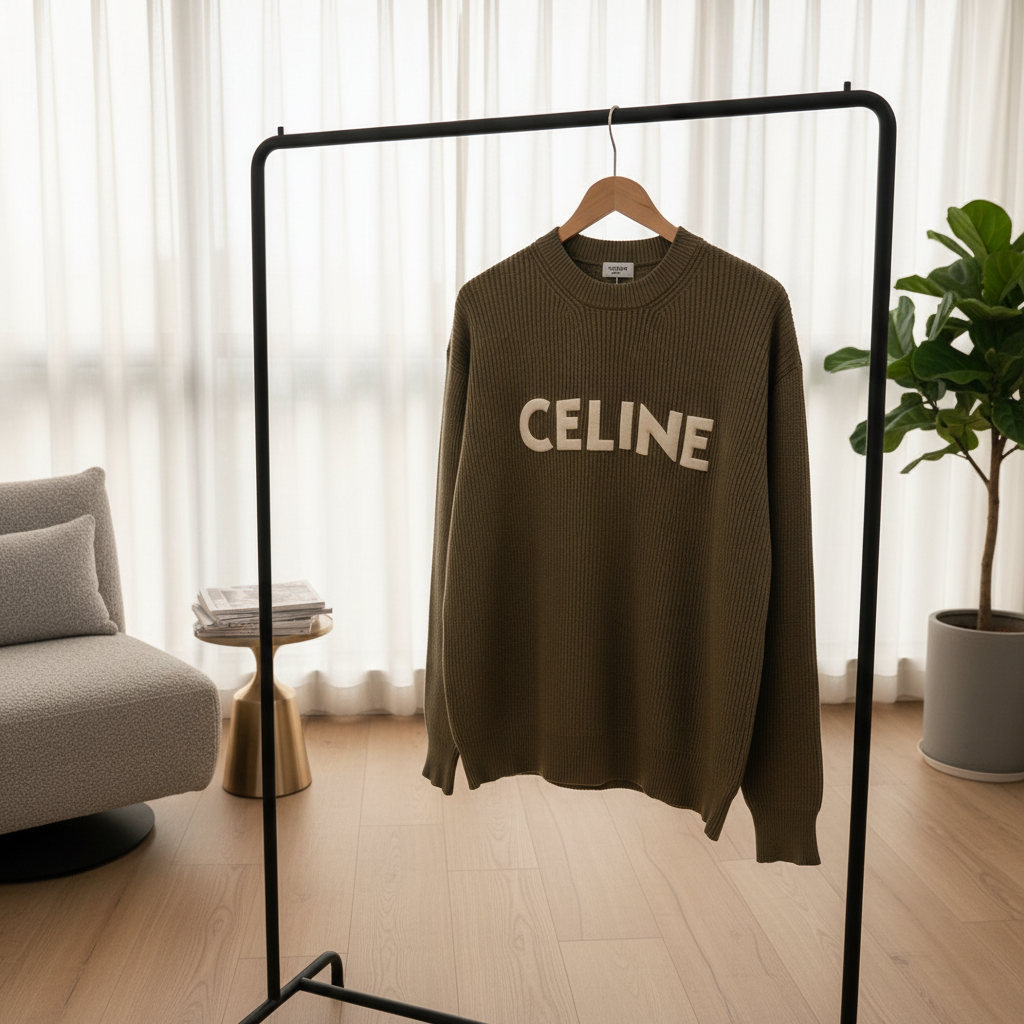 CELINE Ribbed Oversized Logo Knit Hoodie