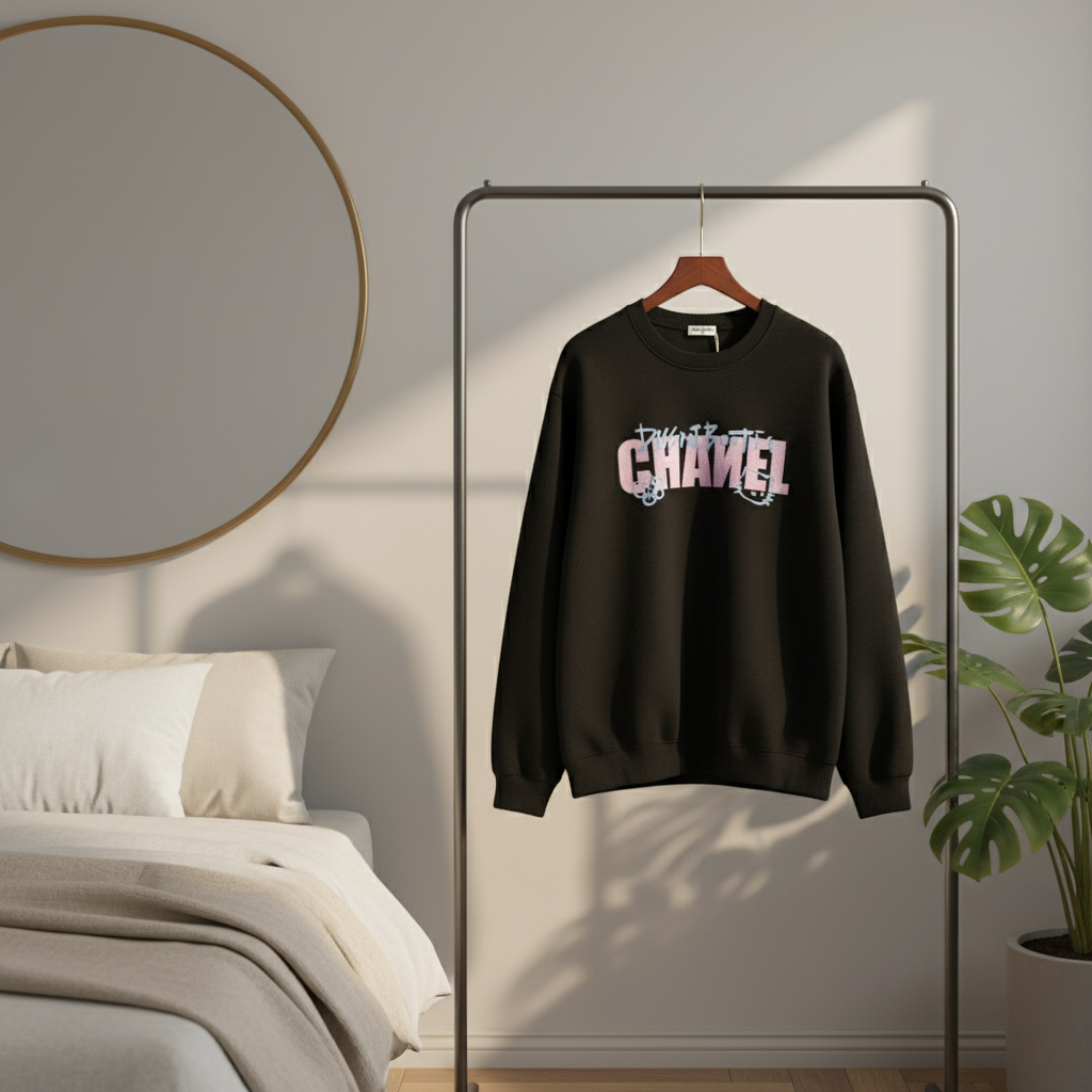 CHANEL Black Hoodie Pink Blue Logo Sweatshirt